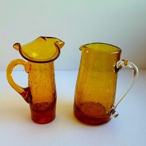Miniature PAIR of Blown Glass Pitchers Golden Amber Crackle Glass Creamers 4”